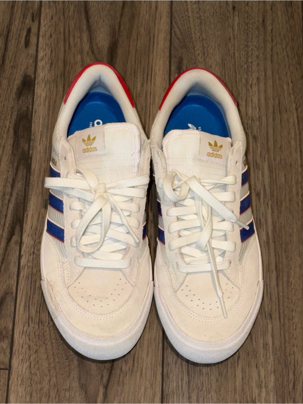 Adidas men's White Sneakers with Blue Stripes and Red Trim